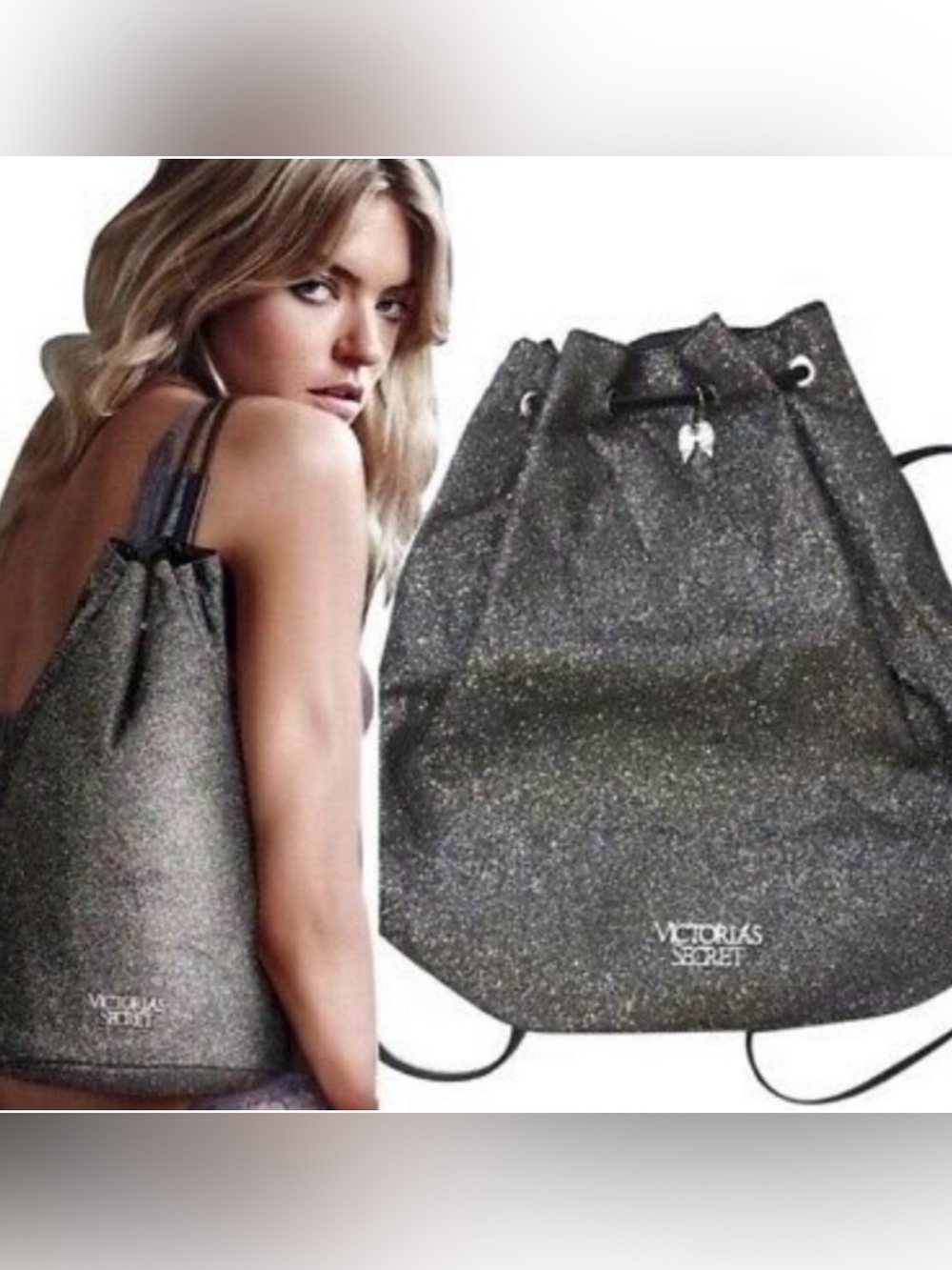 Victoria's Secret VS Bucket
Backpack Black Silver Glitter
Drawstring Tote Bag